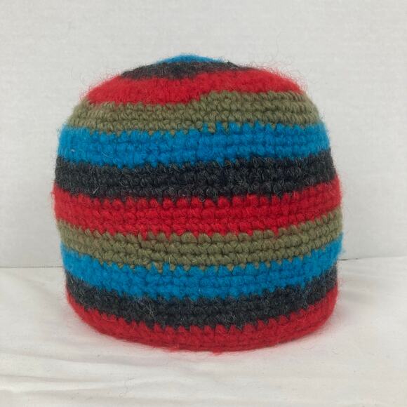 KuSan Wool Blnd Crochet Beanie Red Blue Striped Flower Accent Fleece Lined Nepal - Picture 3 of 8